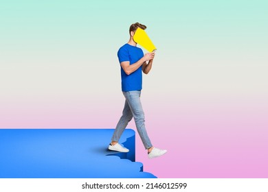 Surreal composition of millennial guy focus use smart device change real life virtual isolated colorful background