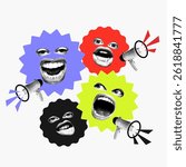 Surreal composition of pop-art faces with protest eyes and mouths in vivid contrast, showing public distress, speaking up. Concept of economic, financial crisis and depression, protest, social issues