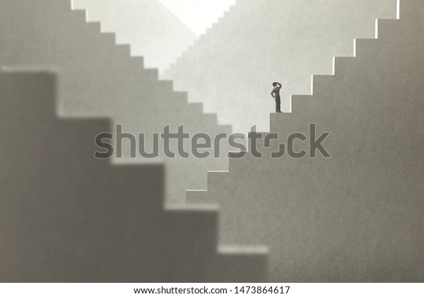 surreal concept of a man rising stairs to try to\
reach the top