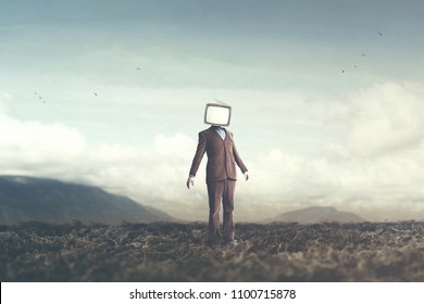 surreal concept man with television on his head
