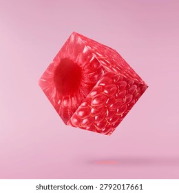 Surreal cubic raspberry levitating on a pink background. Creative geometric berry concept for modern dessert marketing, innovative packaging, and healthy lifestyle campaigns.
