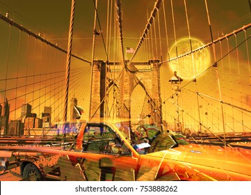 Surreal digital art. Yellow cab on the Brooklyn bridge. Graffiti elements. Full moon in the sky.