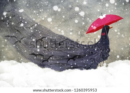 Surreal image of black bird holding a red umbrella in the snow with long flowing black dress with birds flying throughout it.
