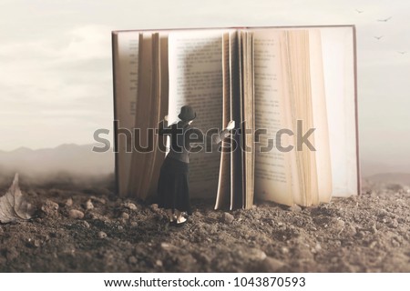 surreal image of a curious woman leafing through a giant book