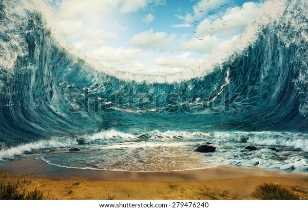 Surreal image\
of huge waves surrounding dry\
sand.