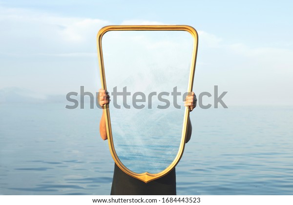 surreal image of a transparent mirror; concept of\
door to freedom