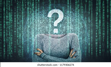 Surreal image as a woman online anonymous internet hacker with invisible face stand with crossed hands and question mark instead head, hiding identity. Matrix number codes personal data thief.