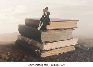 Surreal image of a woman reading sitting on top of a book