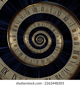 Surreal infinity time spiral in space, antique old clock abstract fractal spiral 3d illustration. Time travel concept
				
				