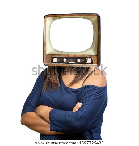 surreal influencer woman arm crossed with vintage television on his head blank screen isolated on white
