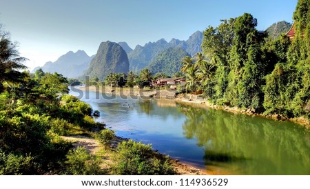 Surreal landscape by the Song river at Vang Vieng, Laos