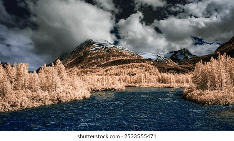 A surreal landscape featuring a river flowing through a forest with snow-capped mountains in the background under a dramatic cloudy sky. - Powered by Shutterstock