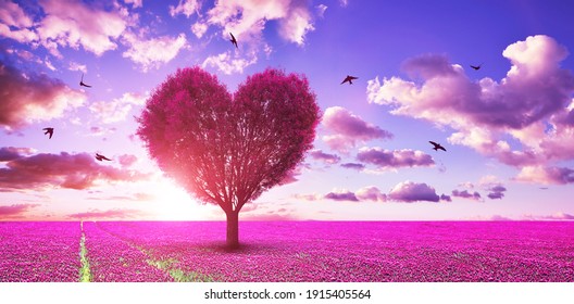 Surreale Landschaft mit rosafarbenem Baum in Herzform auf blühender Wiese bei Sonnenuntergang Himmel. Alles Gute zum Valentinstag!