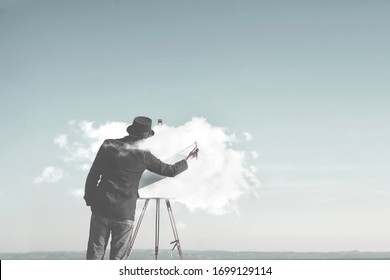 Surreal Man Painting Cloud On Canvas, Creativity Concept