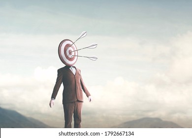 Surreal Man With Target On Head Hit By Arrows From Sky, Targeting Concept