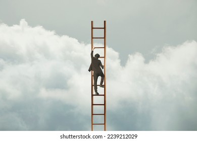 surreal man tries to reach the sky with a ladder, concept is business and succes