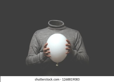 Surreal Man Without Head Holding White Balloon, Absence Concept