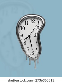 Surreal melting clock representing time distortion, stress, and the concept of time slipping away on a minimal background.