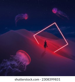 Surreal Modern futuristic neon abstract background. Large square rectangle glowing red object in the center of sand dune and lonely woman silhouette with shoes in hand in desert and three Jellyfish