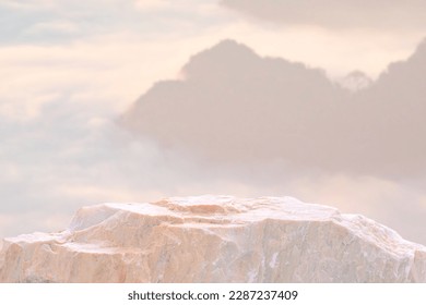 Surreal natural rough white beige mable stone podium on cloud mountain nature landscape background with space.Cosmetic beauty product placement pedestal rock stand display,minimal dreamy concept.