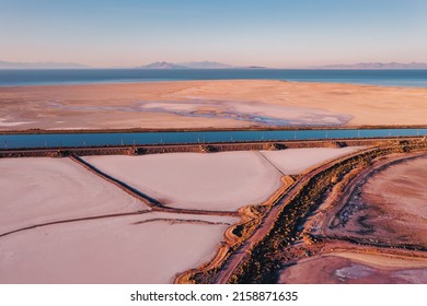 Surreal Northern Utah Landscape Pink Salt Lake, Aerial View