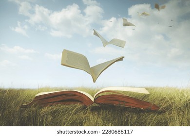 surreal pages of an open book fly free like birds in the sky