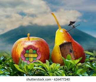 Surreal photo manipulation of a pear and apple fantasy house with door, window, lamp post, and a volcano in the background