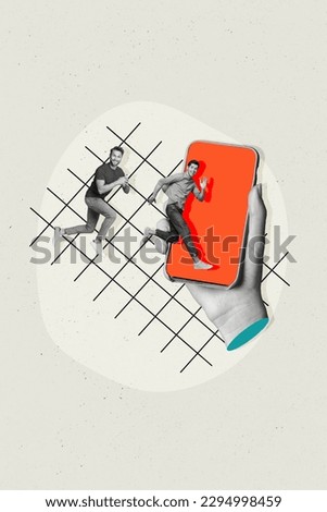 Surreal picture collage of little people guys running into smart gadget touch screen advertising apple android brand products