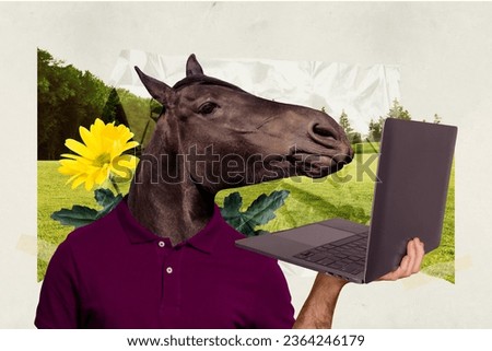 Surreal picture image collage of weird freak person horse head instead face using netbook modern device browsing media