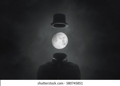 Surreal Picture Solitary Man With Moon Face With Hat