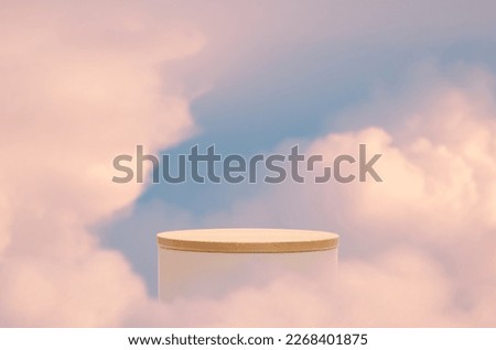 Surreal podium outdoor on blue sky pink gold pastel soft clouds with space.Beauty cosmetic product placement pedestal present stand minimal display,summer paradise dreamy concept.