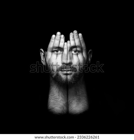 Image, Stock Photo mystical portrait of a young man: female hands on his face