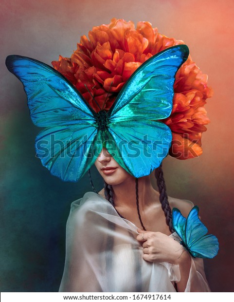 Surreal\
portrait of a woman with butterflies and peony flower. Interior\
photo art in art deco style. Beautiful surrealistic art picture\
with blue, orange, green color. Mixed\
media.