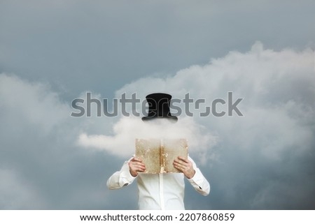 surreal reader reading a book in the clouds that hide his face