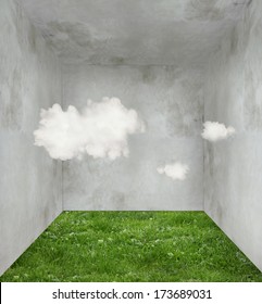 Surreal Room With Grass On The Floor And Three Clouds Inside