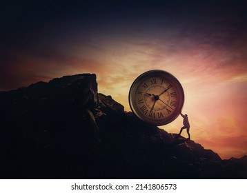 Surreal scene with a businessman pushing a clock up a hill. Time management as business concept. Schedule efficiency, deadline planning and control