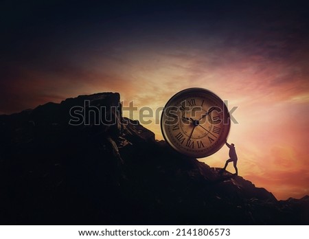 Surreal scene with a businessman pushing a clock up a hill. Time management as business concept. Schedule efficiency, deadline planning and control