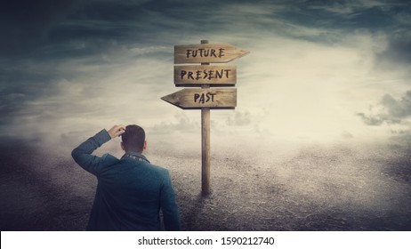 Surreal scene, businessman and a signpost arrows showing three different options, past, present and future course. Choose journey direction, time travel concept. Destiny evolution, important choice.