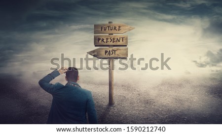Surreal scene, businessman and a signpost arrows showing three different options, past, present and future course. Choose journey direction, time travel concept. Destiny evolution, important choice.