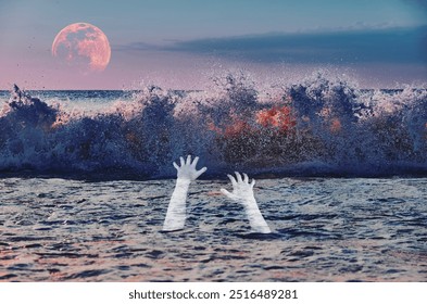 A surreal scene of ghostly hands emerging from the ocean waves beneath a large, glowing moon. The eerie blend of nature and the supernatural evokes mystery and a haunting atmosphere. - Powered by Shutterstock