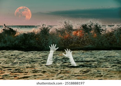 A surreal scene of ghostly hands emerging from the ocean waves beneath a large, glowing moon. The eerie blend of nature and the supernatural evokes mystery and a haunting atmosphere. - Powered by Shutterstock