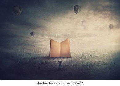 Surreal Scene, Imaginary World, Tiny Man Stands In Front Of A Giant Opened Book With Empty Blank Pages. Education Concept, The Magic And Fantasy Of A Story Teller. Knowledge And Wisdom Symbol.