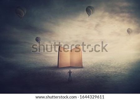 Surreal scene, imaginary world, tiny man stands in front of a giant opened book with empty blank pages. Education concept, the magic and fantasy of a story teller. Knowledge and wisdom symbol.