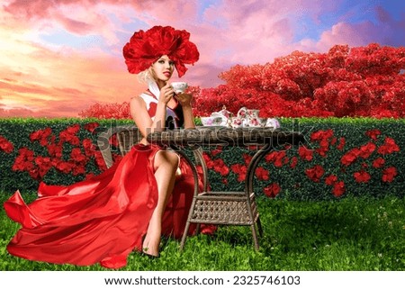 A surreal scene inspired by Alice featuring a young woman in a very long red dress have a tea at teaparty. The surreal landscape with a flower field creates an enchanting atmosphere.