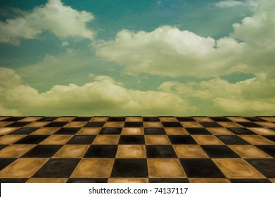 Surreal setting/background with old worn tiles and cloudscape
