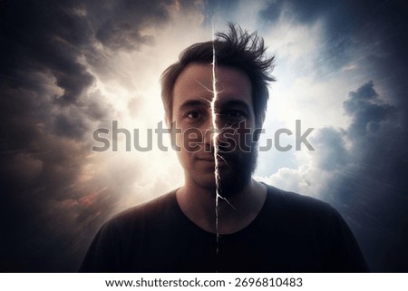 Surreal split portrait of a man, divided by a lightning crack conveys bipolar affective disorder. One half is clean-shaven, the other bearded, symbolizing manic depression and the dual personality