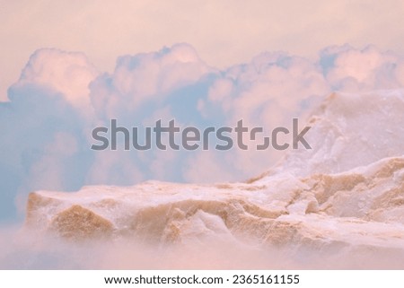 Surreal stone podium nature landscape outdoor on sky  pink blue pastel soft cloud blurred background.Beauty cosmetic product placement pedestal present stand display,paradise dreamy concept.