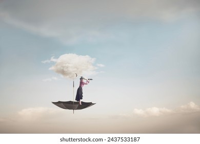 surreal umbrella carried by a cloud takes a woman to the sky, abstract concept