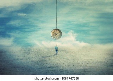 Surreal view as a man walking on a pavement road and a suspended clock on his back hanging from the sky. The importance of time in the modern world. Time travel concept. - Shutterstock ID 1097947538