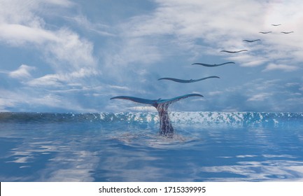 Surreal Visionary View Of A Wale Tale With A Big Wave In The Background, Seagulls Flying In Cloudy Sky, Blue Rough Sea